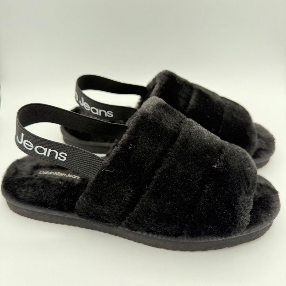 Calvin Klein Slippers Faux Fur‎ Black Slingback Women 8.5 Elastic Strap Home